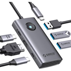 Station d'accueil USB C, 6 en 1, hub USB C avec HDMI 4K+PD100W+3 USBA 3.0 + USBC 3.0, adaptateur multiport USB C pour MacBook/Dell/HP/Surface/Lenovo - Neuf