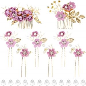 Lot De 20 Peignes À Cheveux Décoratifs En Forme De Fleur Violette+Épingles À Cheveux En Forme De U+Épingles À Cheveux Torsadées En Spirale Pour Mariée,Demoiselles D'honneur,Femmes - Neuf