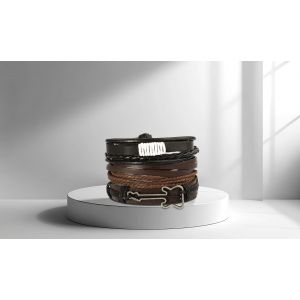 Bracelet En Cuir Noir Et Marron Avec "Guitare" Cuivr&eacute;e Et Mini Tresse Blanche - Neuf