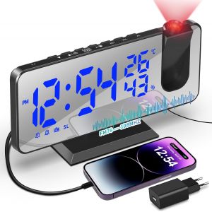 CHECARZHN--NO1-Reveil Projecteur Plafond Radio Réveil Projection Plafond Avec Ecran Miroir 7.5 Pouces Température Port De Usb Double Réveil 4 Luminosités Réglable Réveil Numérique Pour La Chambre - Neuf
