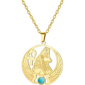 Kal-Collier Égyptien Anubis Ankh Croix Déesse Isis Aile Scarabée Wicca Pagan Gemstone Pendentif Pouvoir Magique Amulette Égypte Antique Dieu Mythologie Bijoux Cadeau Femmes Hommes (Or) - Neuf