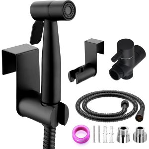 Kit de Bidet de Toilette de haute qualit&eacute;Pulv&eacute;risateur &agrave; main en acier inoxydableavec T-valve G1/2" et un adaptateur G3/8" pour l'hygi&egrave;ne Personnelle (Noir) - Neuf