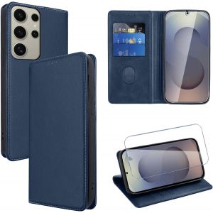Kal-Coque Cuir Pour Samsung Galaxy S25 Ultra 6.9"" Avec 1 Verre Trempé Etui À Rabat En Pu Porte-Cartes Portefeuille Support Flip Housse Magnétique Antichoc Anti-Rayures Case,Bleu - Neuf