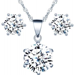 Meimie-Collier Zircon Et Boucles D'oreilles Zircon Pour Femmes Et Filles,Bijoux Parures De Diamant En Argent 925,Collier Solitaire À Six Griffes,Clous D'oreilles Solitaire À Six Griffes - Neuf