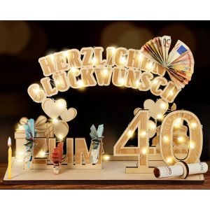 TZF-Original 40e Anniversaire Cadeaux d'argent en bois avec guirlande lumineuse LED, cadeaux pour 40e anniversaire homme femme, 40e anniversaire décoration - Neuf