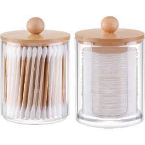 2 Pi&egrave;ces Distributeur de Coton, Acrylique Distributeur Coton Tige Distributeur Coton Demaquillant Bo&icirc;te Coton Tige Boite de Rangement Salle De Bain Organisateur - Neuf