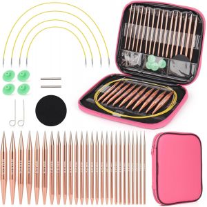 Mevronisshop-13 Paires Aiguilles Circulaires Tricot Interchangeable, 3,0-10,0mm, Kit Tricot Debutant, Aiguille &Agrave; Tricoter En Aluminium, Aiguille Circulaire Tricot Pour Layette, Pull, &Eacute;charpe - Or Ros - Neuf