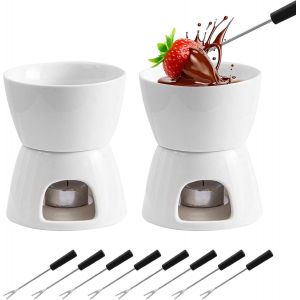 Subzonal-Lot De 2 Set &Agrave; Fondue Au Chocolat En C&eacute;ramique Avec 8 Fourchettes, Tasse &Agrave; Fondue Chocolat Pour Fromage Fondue D&icirc;ner De Famille Dessert Pique-Nique F&ecirc;te D'anniversaire (Bougies Non Incluses) - Neuf