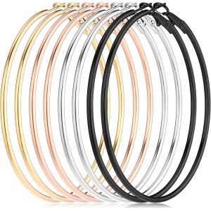 Kalhx-Lot De 4 Paires De Grandes Boucles D'oreilles Créoles Hypoallergéniques-Longueur : 60 Mm-En Acier Inoxydable Argenté-Pour Filles Et Femmes - Neuf
