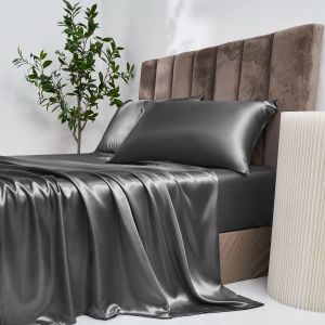 Drap-Housse En Satin 160 X 200 Cm - Gris Foncé - Soie Brillante - Convient Pour Matelas Jusqu'à 30 Cm - Neuf