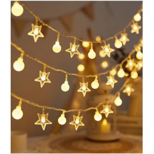 Jgd-Guirlande Lumineuse De 10 M &Agrave; 80 Led &Agrave; Piles Avec &Eacute;toiles Pour Int&eacute;rieur Ou Ext&eacute;rieur - Blanc Chaud - Neuf