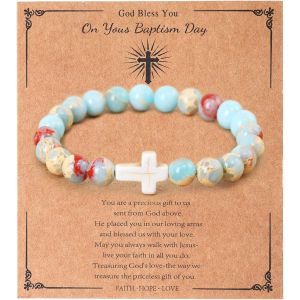 Bracelet Croix Pour Femme, Cadeau De Baptême, Chrétien, Catholique, Religieux, Perles En Pierre Naturelle, Cadeau Inspirant Pour Elle - Neuf