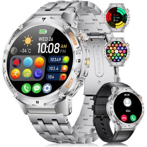 Montre Connectée Homme Pour Android Ios Avec Appel Bluetooth 1,43"" Amoled Rond Smartwatch Homme Argent Acier 530 Mah Batterie,Lampe De Poche Led,Santé Moniteur,100+ Sport,Podomètre - Neuf