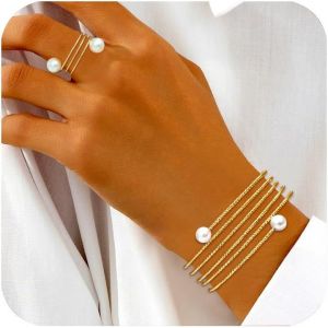 Eryi-Bracelets À Manchette Or Bague Or Pour Femme, Bracelet Ouvert Manchette Large Bracelet Manchette Réglable Bagues Ouvert Bague Ensemble Bracelets Bagues Pour Femme Fille - Neuf
