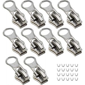 10x Kit De Réparation De Fermetures À Glissière En Argent,Zips En Résine De Remplacement Tirages Curseurs Avec Bouchons En Forme De U Pour Sacs À Dos De Vêtements 25x11mm - Neuf