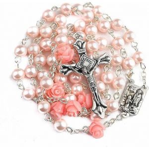 Store Collana Con Rosario Cattolico Con Perle Rosa I Nostri Fiori Di Rosa, Medaglia Di Lourdes E Croce Ns - Neuf