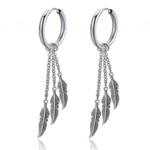 1 Paire De Boucles D'oreilles Creoles Pendantes En Acier Inoxydable Avec Pendentif En Forme De Feuille Et Pompon, Longues Chaines - Neuf
