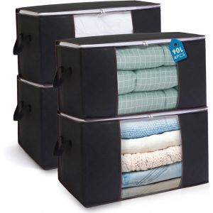 Mdy-4pcs 90l Sac De Rangement Vetement Pliable Avec Fenêtre Transparente, Non-Tissé Grande Boite Rangement Vetement Pour Couettes, Couvertures Jouets Vêtements, 60x 40x 35cm (Noir) - Neuf