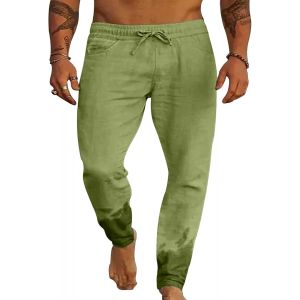 Pantalon Coton Lin Homme Été Décontracté Pantalon Taille Élastique Avec Cordon De Serrage Léger Respirant Pantalons De Jogging Plage Avec Poches Ample Yoga Pants - Neuf