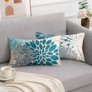 Cauc-Housse De Coussin Moderne D&eacute;coratif Housse Coussin 30x50 Taie Oreiller Sarcelle Housse Coussin Canap&eacute; Abstrait G&eacute;om&eacute;trie Fleuri Double Face Imprim&eacute; Taie D'oreiller Pour Salon De Jardin, 2 Pi&egrave;ces - Neuf