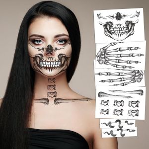 6 Pcs Squelette Tatouage Halloween Pour Visage, Squelette Visage, Main, Serpent Clavicule, Maquillage Squelette Tatouage Temporaire Pour Deguisement Dia De Los Muertos, Deguisement Halloween - Neuf