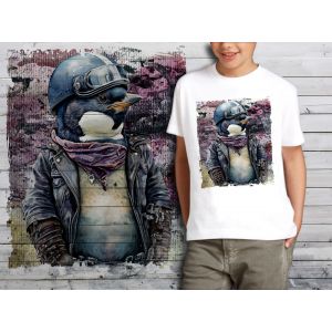 T-Shirt Blanc Enfant Pingouin Biker Blouson De Cuir 715 - Neuf