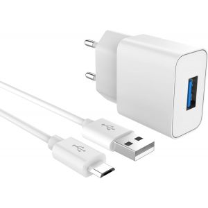 1X Chargeur Micro Usb 2A | 5V - Prise Secteur & C&acirc;ble 1M Compatible Avec Android Samsung Galaxy A10 | J6 Plus, Huawei, Xiaomi - Blanc - Neuf