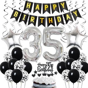 SJZG-D&eacute;coration 35E Anniversaire, D&eacute;co Anniversaire 35 Ans Hommes, D&eacute;co 35E Anniversaire Homme, D&eacute;co 35 Ballon Noir Et Argent, D&eacute;co Ballon F&ecirc;te 35E Anniversaire, D&eacute;co 35E Anniversaire Homme Femme - Neuf