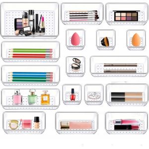 Lot De 17 Organisateurs De Tiroirs En Transparent,Rangement Tiroir En Plastique Avec 4 Tailles,Organisateur De Bureau Tiroir Antid&eacute;rapant,Organiseur De Maquillage Pour Salle De Bain,Cosm&eacute;tiques - Neuf