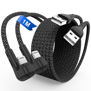 Cable Iphone Charge Rapide[1M/Lot De 2] C&acirc;ble Chargeur Iphone Certifi&eacute; Mfi Angle Droit 90 Degr&eacute;s C&acirc;ble Lightning Nylon Tress&eacute; Cordon Fil Chargeur Pour Iphone 14 13 12 11 Pro Max Xs Xr X 8 7 Se,Ipad - Neuf