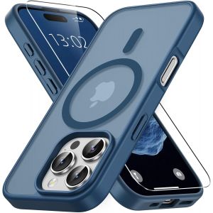 KALANKA-Magn&eacute;tique Coque pour iPhone 16 Pro Max avec 1 Verre Tremp&eacute;, Compatible avec MagSafe, Protection Contre Les Chutes de qualit&eacute; Militaire, Coque Mat Translucide Fine Antichoc-Bleu - Neuf