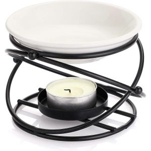 Brûleur D'huile Essentielle En Métal Brûleur De Cire Fondant Avec Bol En Céramique,Décoration Intérieure Bougie Chauffe-Plat Diffuseur D'arômes,Rond (Noir) - Neuf