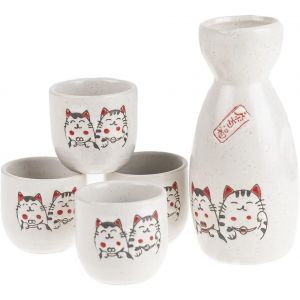 Trahoo-- Service À Saké Chats Japonais - Avec 4 Bols & Carafe - Verres À Saké Japonais Kawaii - Cadeau Vaisselle Asiatique - Service Saké Traditionnel Porcelaine Japon - Chat Maneki Neko - Blanc - Neuf