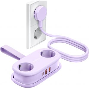 Multiprise Voyage 2 Prises et USB-C 20W PD, Violet, Compacte & Portable, Compatible avec Bureau/Maison/Bateau, Cordon 1,5m (AP3) - Neuf