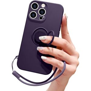 KAL-Compatible Avec Iphone 16 Pro Max Coque En Silicone Liquide Avec Anneau De Support Béquille Support De Voiture Magnétique Dragonne Détachable Antichoc Housse De Protection Souple-Violet Foncé - Neuf