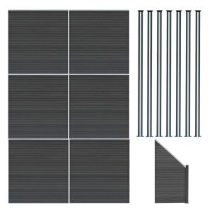 Kit Cl&ocirc;ture Panneaux En Bois Composite Gris 6 Quadratique Et 1 Inclin&eacute; 185 H X 11,4 M L & 7 Poteaux En Aluminium &Agrave; Led Solaires Lames &Agrave; Embo&icirc;ter Texture Bois Reversible Pvc Brise-Vue Ext&eacute;rieur Jardin - Neuf