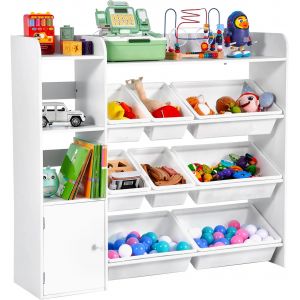 SUBZONAL-Meuble de Rangement Jouets Enfant &agrave; 4 Niveaux avec biblioth&egrave;que, &eacute;tag&egrave;re d'organisateur de Jouets avec 8 bacs en Plastique Flexibles, pour Salle d'&eacute;tude, Chambre, Salle de Jeux, cr&egrave;che, Blan - Neuf