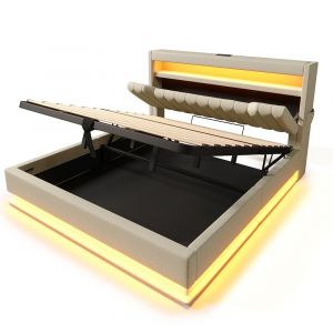 Lit coffre rembourr&eacute; 140x200 t&ecirc;te de lit avec espace de rangement et ports usb et type-c &eacute;clairage led &agrave; la t&ecirc;te et au pied du lit lin beige - Neuf