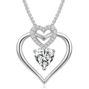 Collier Amour Coeur Pour Femme Pierre De Naissance Pendentif Plaqu&eacute; Or Blanc 5a Zircone Cubique Cadeaux De Bijoux Pour Maman Copine Filles Saint-Valentin No&euml;l Anniversaire (Blanc) - Neuf