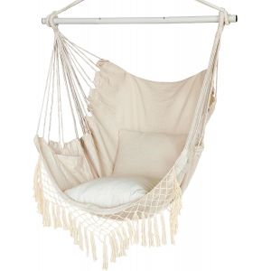 Ulteronixshop-Chaise Hamac, Si&egrave;ge Suspendu Avec 2 Coussins, Chaise Suspendue En Macram&eacute; Avec Poche Lat&eacute;rale Et Tige M&eacute;tallique &Agrave; Haute Capacit&eacute; De Charge, Pour L'int&eacute;rieur Et L'ext&eacute;rieur. - Neuf