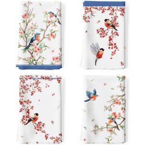 Eryi-Torchons De Cuisine Coton Vaisselle Lot De 4, Serviettes De Cuisine Torchon Vaisselle 100% Coton Avec Accroche Très Absorbant Serviettes De Bar 48 X 70cm Fleurs Et Oiseaux Aquarelles - Neuf
