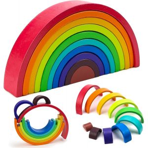 KALWL-Jouets En Bois Arc-En-Ciel,Blocs De Construction Arc-En-Ciel,Jouets Empilables Préscolaires,Arche De 10 Pièces Pour Enfants 18,5X9,5X3 Cm - Neuf