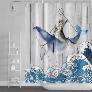 KALANKA-90 x 183 cm Dr&ocirc;le Chat Chevaucher Baleine Rideau de douche Vintage Bois Sol Japonais Oc&eacute;an Vague Rideau de salle de bain dessin anim&eacute; Imperm&eacute;able pour salle de bain avec crochets - Neuf