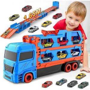 Camion de transport pour gar&ccedil;ons de 3, 4, 5 et 6 ans, jouet portable avec 6 voitures de course, cadeau id&eacute;al pour enfants. - Neuf