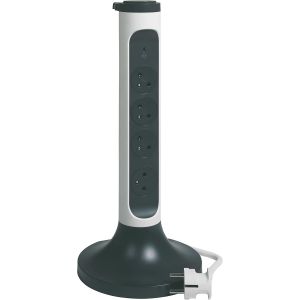 - Multiprise Verticale Avec Socle Avec Interrupteur + Parafoudre - 4 Prises Surface Avec Terre - Tour De Branchement Pratique - Cordon 2 M - Blanc Et Gris Foncé - Neuf