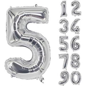 SJZG-Lot De 5 Ballons G&eacute;ants En Forme De Chiffre Pour D&eacute;coration De F&ecirc;te D'Anniversaire, F&ecirc;te Pr&eacute;natale, Anniversaire De Mariage - 101,6 Cm - Argent&eacute; - Neuf
