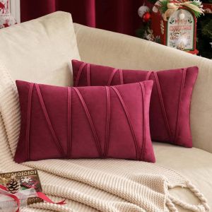 Ensemble De 2 En Velours Bordeaux Housses De Coussin 30 X 50 Cm Avec Des Bandes Décoratives, Cousues À La Main, De Forme Rectangulaire, Doux, Bohème, Confortable, Simple Et Durable - Neuf