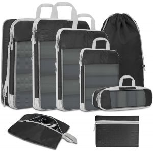 Nzqaf-Set De Sac Compression Organisateurs De Voyage À Vêtements Avec Pour Valise Et Sac À Dos [8-Pièces] Sacs D'emballage,Sacs De Randonnée Equipement Noir Organiseurs De Bagage Sac Compression Pack - Neuf