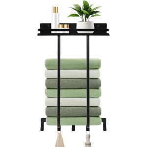 Cap-Porte-Serviette Mural, Rangement De Serviettes Avec Étagère Et 4 Crochets Pour Salle De Bain, Métal Noir Mat, Antirouille, 32 X 16 X 45 Cm, Fixation Murale Incluse - Neuf