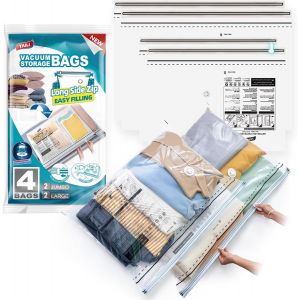 SJZG-Sac De Rangement Sous Vide 4 Pi&egrave;ces 2 Tr&egrave;s Grands, 2 Grands Avec Longue Fermeture &Eacute;clair Lat&eacute;rale Housses De Rangement Sous Vide R&eacute;utilisable Pour Couettes, Couvertures, Duvets, Literie - Neuf